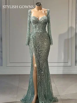 ערבית טורקיז אלגנטי בתולת ים סקסית גבוהה פיצול חרוזים שמלות ערב שמלות 2023 לנשים מסיבת החתונה.