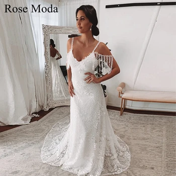 רוז Moda V צוואר מחשוף גב תחרה בוהו חתונה שמלות בוהמי שמלת כלה מותאמים אישית להפוך
