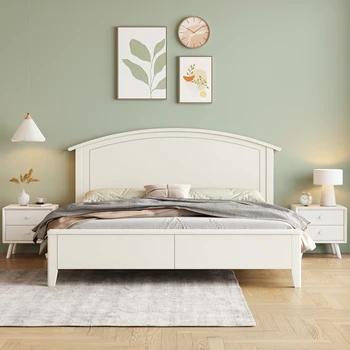 מודרני פשוט מלא עץ מלא מיטה 1.8 מטר, יחידת הורים אור יוקרה לבן מיטה זוגית 1.5 שמנת בסגנון נורדי ילדים במיטה