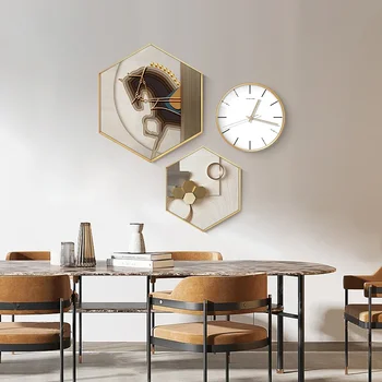 מינימליסטי אור יוקרה האוכל חדר קיר ציור דקורטיבי פשוט המודרנית משושה שילוב השעון תלוי ציור