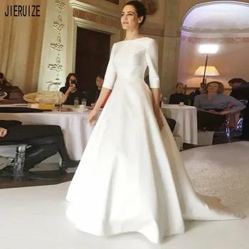 JIERUIZE מודרני לבן שמלות חתונה או מחשוף חצי שרוולים לפתוח בחזרה שמלות כלה החלוק de Mariage זול סאטן שמלות כלה