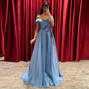 כחול סאטן שמלות ערב לנשים 2023 הקיץ אורך רצפת ה-Off-הכתף מתוקה אורחים חתונה שמלות הקשת החגורה فساتين