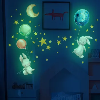 חמוד הביתה קישוט הארנב מדבקות השינה בלון טפט קיר מדבקת סלון ארנב מצויר חדר ילדים זוהרים בחושך