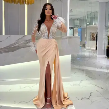 שמפניה חרוזים פיצול שמלות לנשף 2023 ערבית נוצה עם שרוולים ארוכים שמלות ערב נשים אופנתיות מסיבת שמלה לכלה