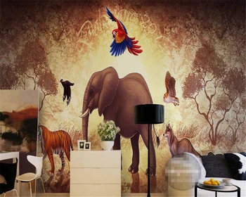 Beibehang 3D טפט אירופאי רטרו מופשט יער מצויר ביד צייר פיל התוכי רקע טפט על קירות 3 d