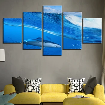 בית מודולרי קישוט אמנות קיר הסלון ציור תמונות 5 לוח התחתון של הים כריש ממוסגרים HD מודפסים מודרני