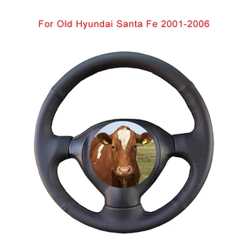 DIY עור פרה המכונית כיסוי גלגל הגה מקורי מותאם אישית שחור היגוי לעטוף לזכר יונדאי סנטה פה 2001-2006