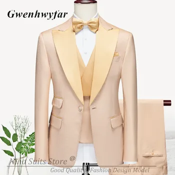 G&N 2023 עיצוב איטלקי סומק ורוד גברים טוקסידו תבנית גל Bridegrrom חליפות חתונה זהב דש 3 מדפים בכיס מעיל אפוד מכנסיים