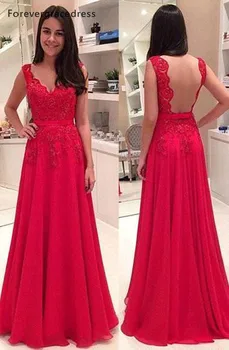 איכות גבוהה אדום שמלת שושבינה שיפון קו תחרה זמן לפתוח בחזרה בנות חתונה שמלת מסיבה