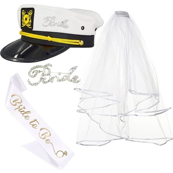 3pcs הכלה מסיבת הכלולות הים כובע עם כיסוי הראש לבן כובע רקום הים הכובע כלה מסיבת חתונה חוף כובע קישוט