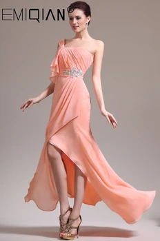 כתף אחת Hi-Lo שיפון שמלות נשף חרוזים קריסטל ערב הנשף שמלת מסיבת