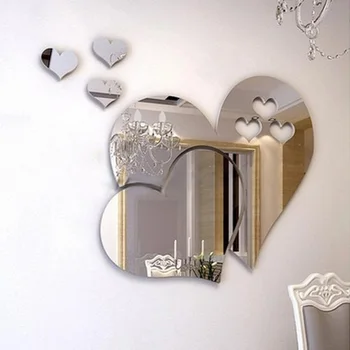3D בצורת לב אקריליק מדבקות קיר דביק המראה מדבקות מדבקות קיר אמנות חדר ילדים עיצוב נשלף חתונה קישוט