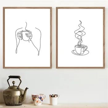 קפה אמנות בד פוסטר של ציור קו ציור מופשט כוס ידיים קיר אמנות הדפס מינימליסטי פוסטרים תמונות קיר בעיצוב המטבח