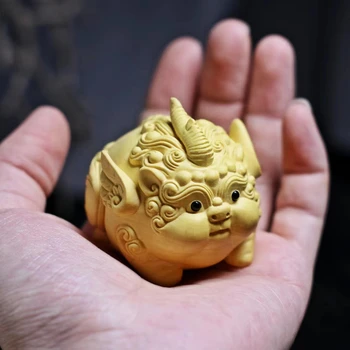 גילוף בעץ ייחודי Pixiu פסל פסל למזל הון חיות בעבודת יד יצירות אמנות המשרד או HomeDecor פנג שואי