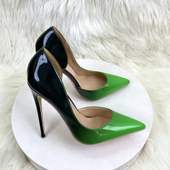 משאבות נשים נעלי PU 12CM דק עקבים גבוהים הבוהן מחודד שטחי החלקה על צבעים מעורבים נעלי אישה סתיו ירוק שחור צבע