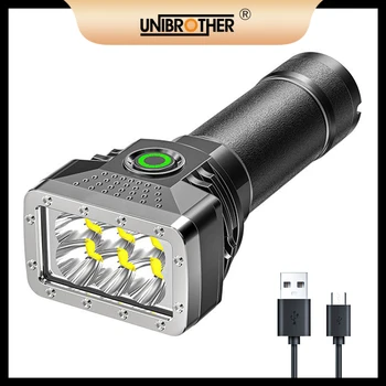 עוצמה 6 פנס LED סופר מבריק אור חזק, נייד לפיד נטענת USB חיצוני קמפינג פנס טקטי