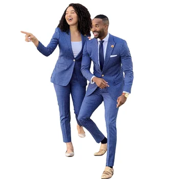 2Piece זוגות החליפה Mens הגברת להגדיר Slim Fit כחול משובץ מזדמן אופנה רחוב סגנון הנשף תלבושת מעיל+מכנסיים עסקים בלייזר אספקת