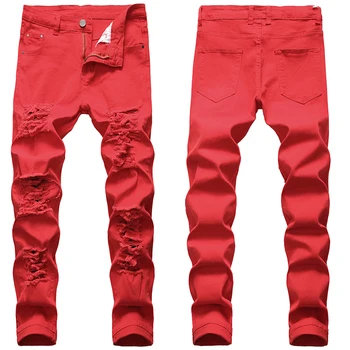 ישר אופנוע קבצן מכנסיים גודל גדול חדש EuropeanV נקבובי לבן אדום שחור האמריקאי ג 'ינס של גברים ג' ינס