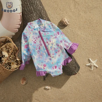 EWODOS תינוק בייבי בנות מזדמנים קיץ פריחה שומר בגדי שרוול ארוך עם הדפס מנומר לרכוס את בגד הים Beachwear בגדי ים