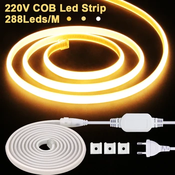 COB LED הרצועה AC 220V 288LEDs/m גמיש קלח אור IP65 עמיד למים Led קלטת 3000K/4500K/6000K חיצונית סרט עם האיחוד האירופי תקע החשמל