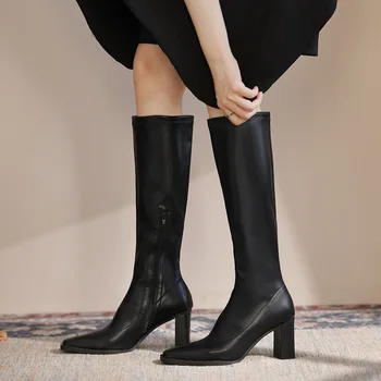 שחור/לבן עור הברך מגפיים גבוהים נשים עקבים גבוהים החורף botas נעליים מחודד בוהן צינור ארוך bottine פאטאל סלים מגפי עור