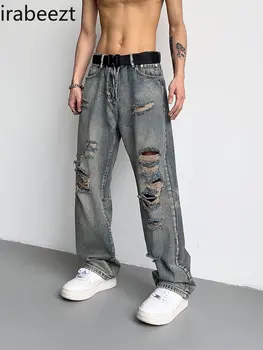 Irabeezt גברים ג 'ינס חור רחב הרגל מוצק ג' ינס מכנסיים ישר חופשי גברים ונשים מכנסיים 2022 סתיו אופנה קוריאנית בגדים