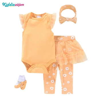Kiddiezoom 4Pcs תינוק שרק נולד ילדה הבגדים להגדיר פעוט, קיץ, סתיו, חליפות בגד גוף המכנסיים בגימור גרביים התינוק לבוש חליפה