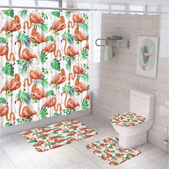 טרופי פלמינגו וילון מקלחת ערכת רחצה מסך ירוק דקל מודרני פרח צמח שטיחון לאמבטיה מכסה האסלה לכסות את השטיח לשטיח.
