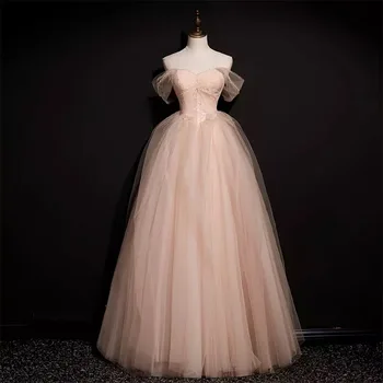 אלגנטי שמפניה ורודה שמלות לנשף נסיכת הסירה הצוואר מן כתף חרוזים פנינה אימפריה קו A טול ערב מסיבת שמלות 2023