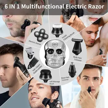 6in 1 השלד גוזם שיער גילוח חשמליות לגברים קירחים מכונת גילוח מכונת גילוח חשמלית נטענת אלחוטי רטוב יבש גילוח רוטרי
