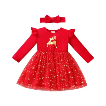 אמא&התינוק 3M-3Y חג המולד תינוק הנולד בנות בשמלה אדומה צבי פאייטים חצאית שמלות ערב לנערות תינוק חג המולד תלבושות D84