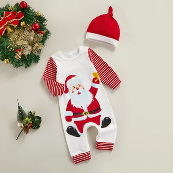 FOCUSNORM תינוק חג המולד בנות בנים הוללות עם כובע סנטה פס הדפס שרוול ארוך סרבל+ כובע תלבושות 3-18 חודשים