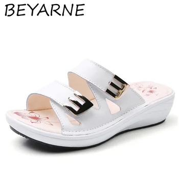 BEYARNESplit עור קיץ נעלי נשים סנדלי טריזים נשים חוף סנדלי נעלי יוקרה עם אבזם נשים נעלי העקב גבוה 4.5