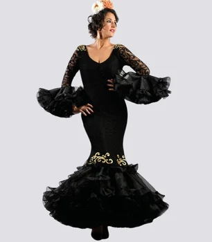 שחור בת ים נסיכה לנשף שמלות עם שרוול ארוך Traje de flamenca קרלה אדורנו filigrana מלא קפלים תחרה שמלת ערב