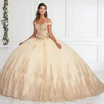 שמפניה קרו הטקס שמלות שמלת נשף את הכתף טול אפליקציות נפוח מתוק מקסיקני 16 שמלות 15 Anos