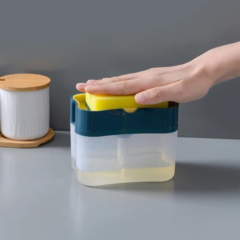 2In1 סבון כלים מכונת קרצוף נוזל כביסה מכונת לחץ-סוג סבון נוזלי תיבת משאבת ארגונית עם ספוג כלי מטבח