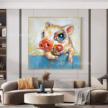100% עבודת יד חמוד החזיר עם פרח חיה ציור שמן על בד אמנות קיר כמתנה להוציא מהמסגרת הבית הסלון קישוט