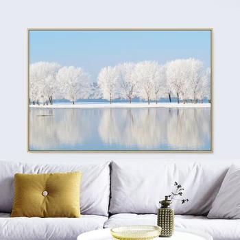 יער בחורף בד ציור קיר אמנות ציור קישוט סלון , אגם הדפסי בד פוסטר החורף קיר בעיצוב