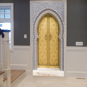 המוסלמים 3d יצירתי הדלת מדבקות מותאמות אישית מעץ הביתה קישוט קיר דביק עמיד למים