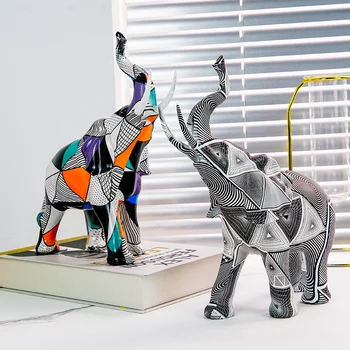 פסים גיאומטריים דפוס הפיל פיסול שרף חיה פסל קישוט אמנות מודרנית אמנות יצירתית בבית חיים עיצוב חדר המתנה