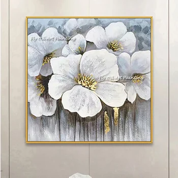 עבודת יד מופשט פרחים לבנים בד ציור קיר אמנות תמונות עבור חיים עיצוב חדר בסגנון נורדי מודרני הביתה דקורטיבי