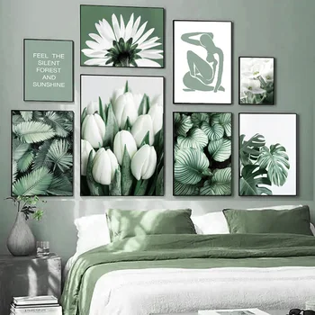 ירוק צמח אמנות קיר צבעוני עלה פוסטר נורדי דקורטיביים בד הסלון קישוט הבית Frameless