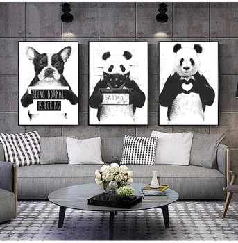 מצחיק שחור לבן בעלי חיים פוסטר הנורדי, מצוירת בד ציור קיר אמנות חמוד פנדה בוסטון טרייר תמונות עיצוב הבית המודרני