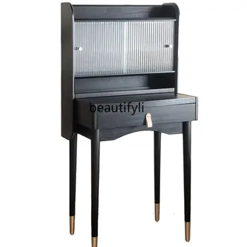 נורדי שחור שידה ארון לאחסון חדר שינה מודרני מינימליסטי קטן, שידה, שולחן עץ מלא