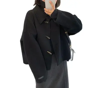 שחור קרן כפתור צמר מעיל נשי אופנה קצר הגירסה הקוריאנית של נשים צמר מעיל אביב סתיו חורף הלבשה עליונה מקסימום 2023