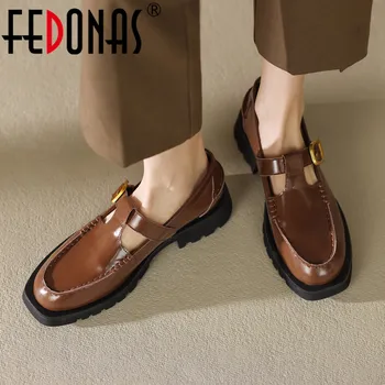 FEDONAS בציר איכות נשים משאבות אמיתי עור עבה עקבים נייטרלי T-רצועה עובד מזדמן נעלי אישה אביב קיץ נעליים