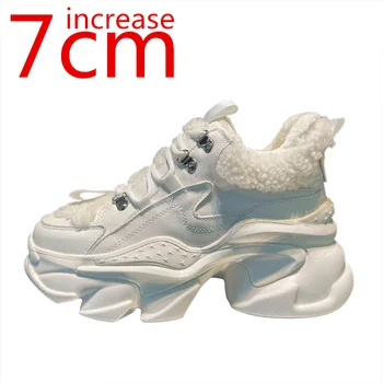סגנון אירופאי עבה צמר עם סוליות נעלי נשים סתיו חורף מוגברת 7 סנטימטר לבנים קטנים נעליים מזדמנים ספורט, צמר כותנה נעליים