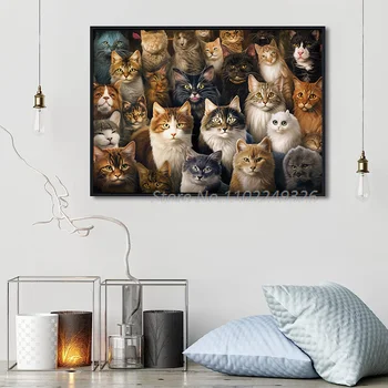 חתולים חמודים בד פוסטר על הקיר הרבה חתולים בעלי חיים ציורי פנים הבית עיצוב חדר אסתטי מלא הדפסה של החתול פוסטר