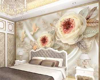 יוקרה חדר חתונה פרחי משי ציפור תחרה 3d תלת מימדי בסלון חדר שינה טלוויזיה רקע ציור הקיר טפט behang