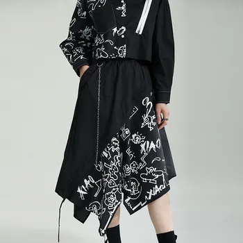 Zhongchuang Rizhen 2023 ימאמוטו כהה בסגנון גרפיטי הדפסה החצאית לא סדיר שרשרת elasticated מותן חצאית מידי